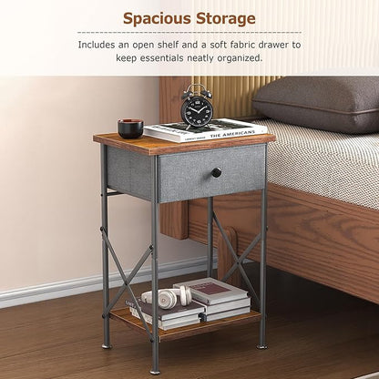 VECELO Nightstand with Drawer, Small Bedside Table with Storage and Adjustable Metal Legs, Wood End Table for Bedroom or Living Room, Perfect for Small Spaces and Modern Farmhouse Décor, Retro Brown
