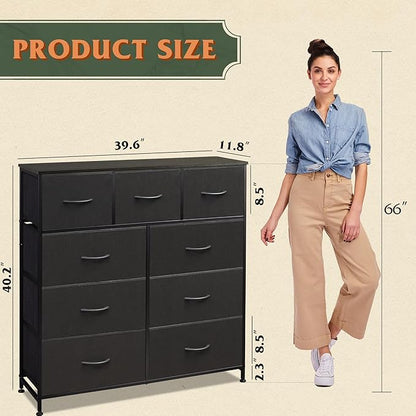 WLIVE 9-Drawer Dresser, Fabric Storage Tower for Bedroom, Hallway, Entryway, Closet, Tall Chest Organizer Unit with Fabric Bins, Steel Frame, Wood Top, Easy Pull Handle, Charcoal Black