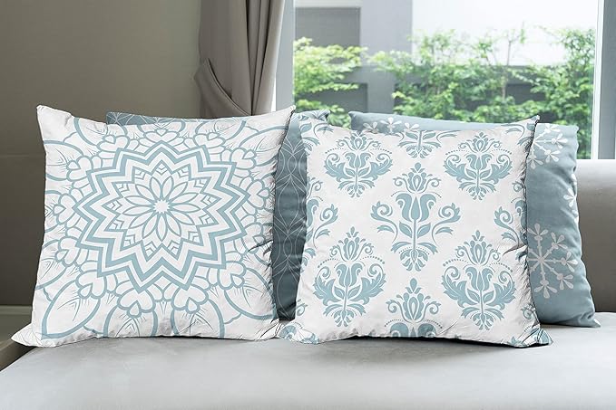 Ambesonne Retro Throw Pillow Cushion Case Pack of 4, Trellis Grid Medieval Floral Damask Mandala Flower Ornament in Modern Monochrome, Modern Accent Double-Sided Digital Printing, 24", Pale Blue Grey