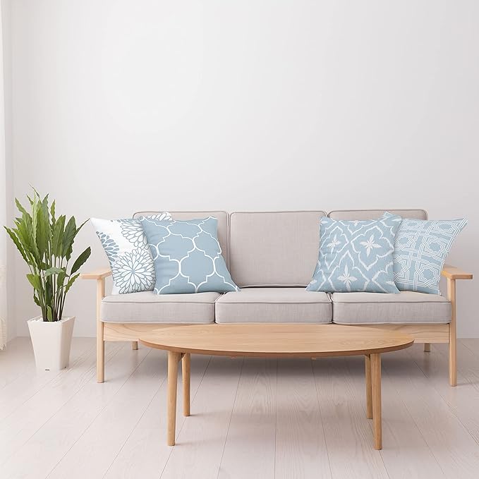 Ambesonne Vintage Throw Pillow Cushion Case Pack of 4, Monochrome Design Grid Trellis Quatrefoil Mesh and Dahlia Flowers Modern, Modern Accent Double-Sided Digital Printing, 20", Pale Cadet Blue White