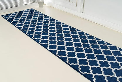 Custom Size Cut to Length Moroccan Trellis Design Runner Rug Mat For Wide Long Hallways with Non-Slip Rubber Backing, Better Traction for Pets, Prevent Slippage, Trellis Navy Blue, 31 inch X 16 feet