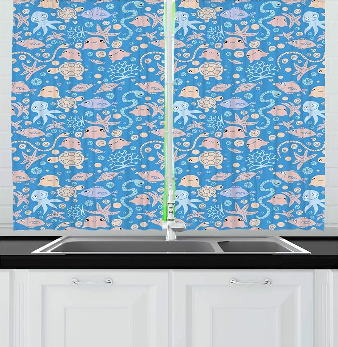 Lunarable Cartoon Kitchen Curtains, Pastel Doodle Sea Creatures Fish Octopus Turtle, Window Drapes 2 Panel Set for Kitchen Cafe Decor, 55" x 39", Azure Blue Peach