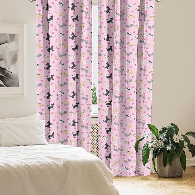 Ambesonne Kitty Curtains, Cats in Colorful Design and Patterns Among Pink Hearts Resting Happy Stretching, Window Treatments 2 Panel Set for Living Room Bedroom, Pair of - 28" x 84", Soft Pink