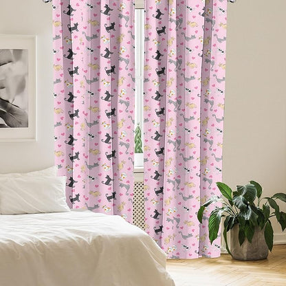 Ambesonne Kitty Curtains, Cats in Colorful Design and Patterns Among Pink Hearts Resting Happy Stretching, Window Treatments 2 Panel Set for Living Room Bedroom, Pair of - 28" x 84", Soft Pink