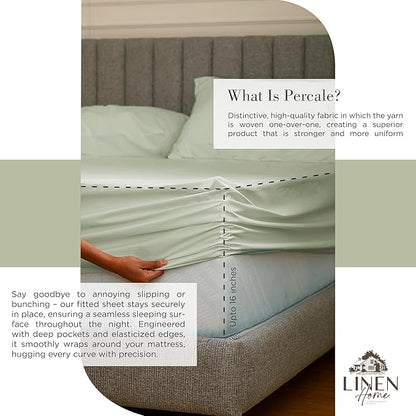 Linen Home 100% Cotton Percale Sheets Queen Size, Sage, Deep Pocket, 4 Pieces Set - 1 Flat, 1 Deep Pocket Fitted Sheet and 2 Pillowcases, Crisp Cool and Strong Bed Linen