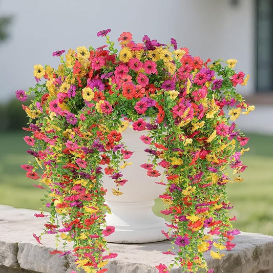6 Pcs Artificial Hanging Mums Flowers Outdoor, Fake Hanging Flowers Silk Outside Plants for Outdoor Planter Patio Front Door Window Garden Decoration (6, Red, Purple, Rose Red, Yellow)