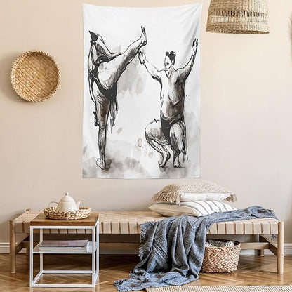 Lunarable Japan Tapestry, Sumo Martial Arts Theme in Hand Drawn Style Wrestlers Sportsmen Self Defence, Fabric Wall Hanging Decor for Bedroom Living Room Dorm, 23" X 28", Black White