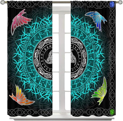 Viking Curtains Ancient Nordic Magic Rune Curtains Nordic Mythology Viking Bird Pattern Printed Curtains Bedroom Living Room Decoration Blackout Curtains W42 * L54 Inch