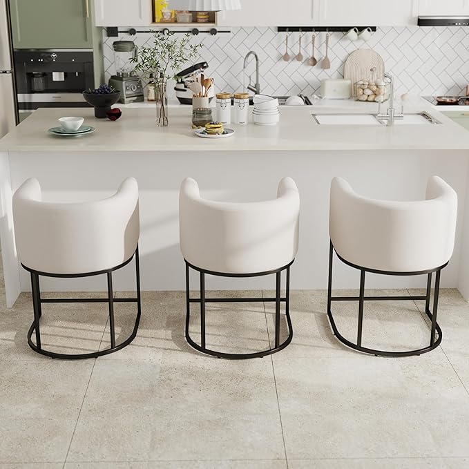 Modern Counter Height Linen Upholstered Bar Stools Set of 3, 24" Kitchen Counter Island Stools Bar Chairs with Black Metal Frame, Cream