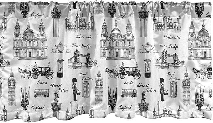 Lunarable Sketch Window Valance, Famous Architectural Monuments and of England Historical London Travel, Curtain Valance for Kitchen Bedroom Decor with Rod Pocket, 54" X 18", Charcoal Black