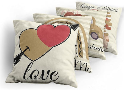 Ambesonne Romantic Throw Pillow Cushion Case Pack of 4, Love Hearts Arrow You and Me Be My Valentine Hugs Kisses Lettering, Modern Accent Double-Sided Digital Printing, 16", Ivory Camel and Dark Pink