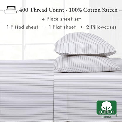 California Design Den Full Size Bed Sheets Set - 400 Thread Count Sateen, Natural 100% Cotton Sheets Full Size, Deep Pocket Cooling and Durable Bedding Set - Pinstriped