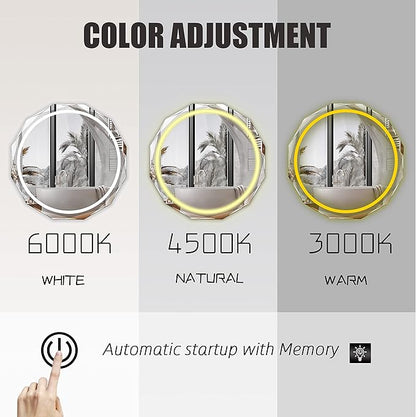 Round LED Bathroom Mirror, Beveled Edge Frameless Wall Mount Bathroom Vanity Mirror with 3-Color and Anti-Fog, 30 Inch, Silver