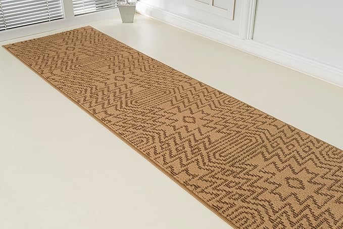 Custom Length Cut to Size Tribal Ethnic Southwestern Inspired Hallway Runner Rug, Non Slip Rubber Backed, 31 inch Wide X Customized Length, Inca Tan, 31 inch X 15 feet