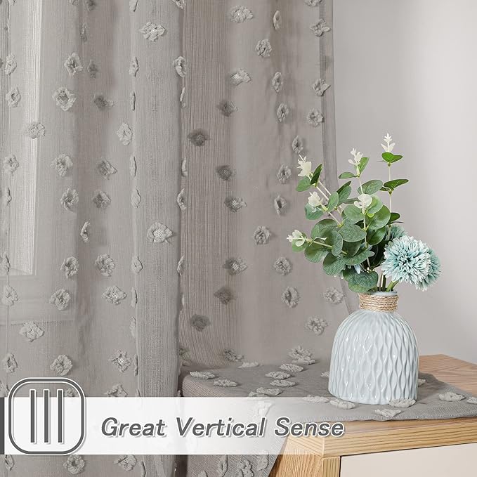 MYSKY HOME Grey Sheer Short Curtains with Pom Pom for Small Windows Bedroom Nursery Kids Girls Room Curtains Cafe Kitchen Light Filtering Boho Drapes, Rod Pocket,38 x 45 Inches, 2 Panels