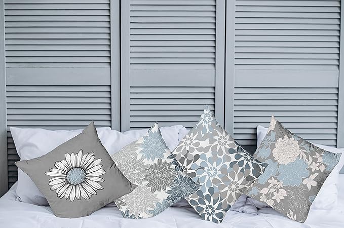 Ambesonne Floral Throw Pillow Cushion Case Pack of 4, Flower Petals Modern Color Palette Chamomile Peony Dahlia and Sunflower Print, Modern Accent Double-Sided Digital Printing, 20", Baby Blue Grey