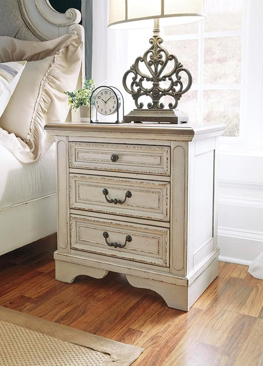 Signature Design by Ashley Realyn French Country 3 Drawer Nightstand with Electrical Outlets & USB Ports, 27.75" Tall, Chipped White