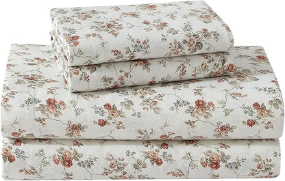 Laura Ashley - Flannel Sheets Full Size, Anti-Pilling & Wrinkle Resistant Cotton, Touchably Soft for All-Season Comfort - Bed Sheets with Matching Pillowcases & Fitted Sheet (Le Fleur Orange)