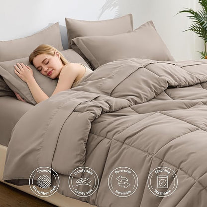 Love's cabin Queen Comforter Set Light Brown, 7 Pieces Queen Bed in a Bag, All Season Bedding Sets with 1 Comforter, 1 Flat Sheet, 1 Fitted Sheet, 2 Pillowcase and 2 Pillow Sham