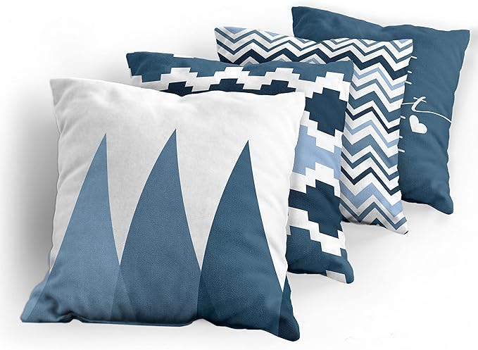 Ambesonne Modern Throw Pillow Cushion Case Pack of 4, Geometric Style Pattern of Triangles Zigzags Love Home Phrase Design, Modern Accent Double-Sided Digital Printing, 20", Petrol Blue and White
