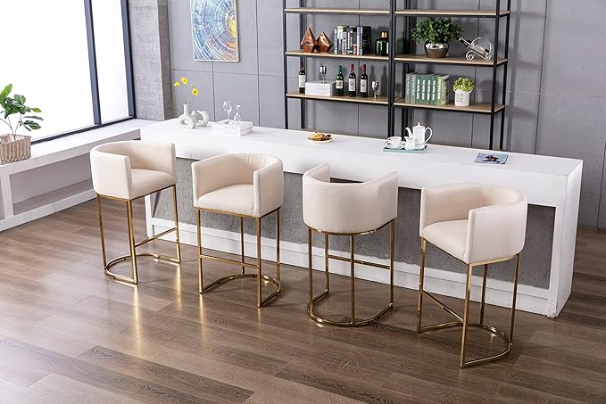 Modern Counter Height Linen Upholstered Bar Stools Set of 2, 32" Kitchen Counter Island Stools Bar Chairs with Gold Metal Frame for Kitchen Island, Cream