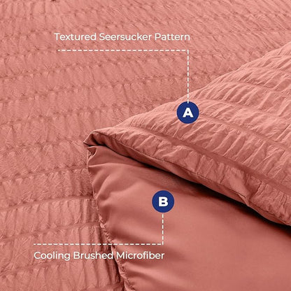 HYMOKEGE Coral Queen Comforter Set Seersucker 7 Pieces, All Season Luxury Bed in a Bag Queen for Bedroom, Bedding Set with Comforter, Sheets, Pillowcases & Shams
