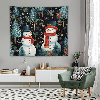 Wall Tapestry Snowman Couple Tapestry Vintage Christmas Cute Snowman Tapestry Vintage Aesthetic Tapestries Wall Art for Bedroom Living Room Decor Home Decor 50"x60" Christmas Family Party
