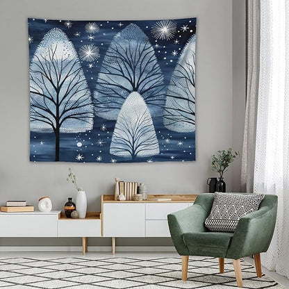 Tapastry's Wall Hanging Trendy Blue Silver Glitter Tree Christmas Tapestry Vintage Christmas Tapestry Vintage Aesthetic Tapestries Wall Hanging for Bedroom 50"x60" Christmas Family Party