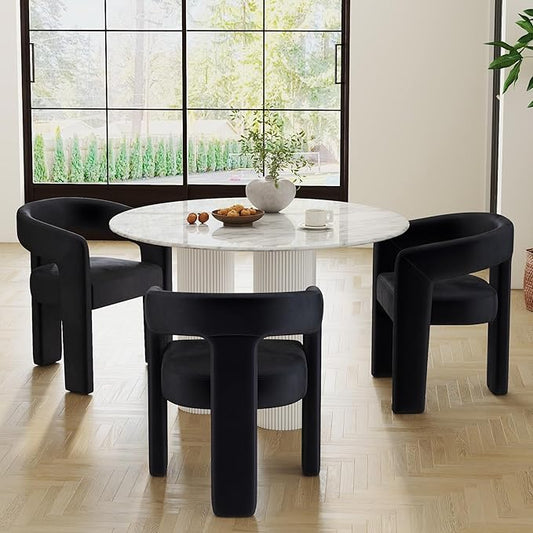 Modern Barrel Dining Chairs Set of 3, Velvet Upholstered Accent Side Chair with Arms Comfy Makeup Vanity Chairs, Dining Living Room Kitchen Chairs, Black