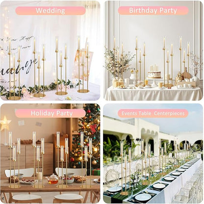 Vincidern 10pcs Gold 3 Arm Candelabra Taper Candle Holder for Table Centerpieces, 34in Tall Metal Candlestick Holder with Acrylic Lampshade for Wedding,Party,Holiday Christmas, Halloween Candelabra