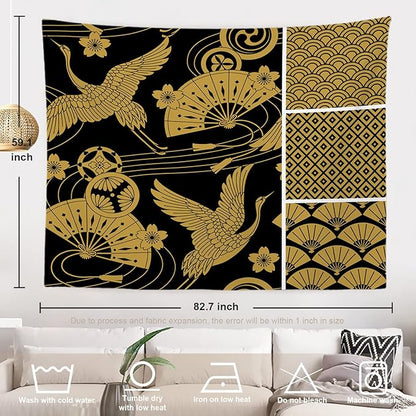 Batmerry Black Oriental Tapestry, Gold Japanese Fan Wall Art Hanging Decoration Polyester Fiber White Ruffled Around for Dorm Room Bedroom Living Room, 59.1x82.7 inches