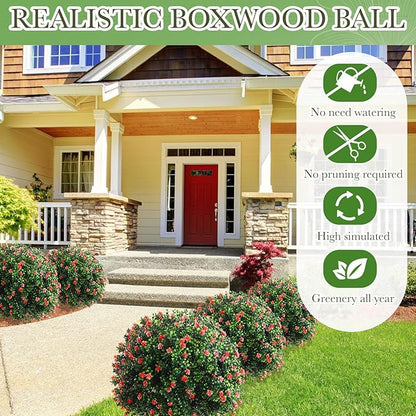 Yunlly Set of 2 Artificial Boxwood Topiary Ball Tree Fake Bushes Shrubs Outdoor Faux Plant with Ground Spike Flowers UV Resistance Greenery for Front Porch Garden Patio Indoor(Red,27x18inch)