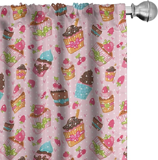 Ambesonne Pink Window Curtains, Kitchen Cupcakes Muffins Strawberries and Cherries Food Eating Sweets Print, Lightweight Decor 2-Panel Set with Rod Pocket, Pair of - 28" x 84", Brown Pink