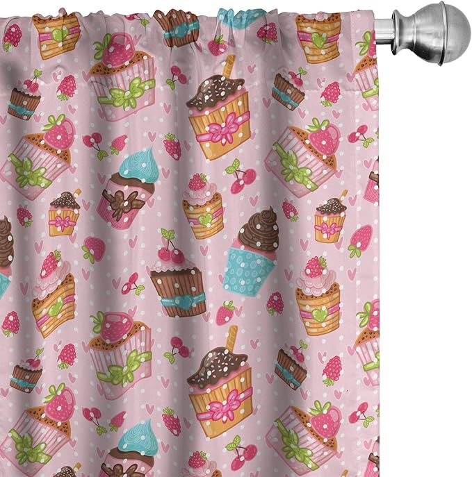 Ambesonne Pink Window Curtains, Kitchen Cupcakes Muffins Strawberries and Cherries Food Eating Sweets Print, Lightweight Decor 2-Panel Set with Rod Pocket, Pair of - 28" x 63", Brown Pink