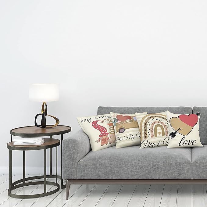 Ambesonne Romantic Throw Pillow Cushion Case Pack of 4, Love Hearts Arrow You and Me Be My Valentine Hugs Kisses Lettering, Modern Accent Double-Sided Digital Printing, 16", Ivory Camel and Dark Pink