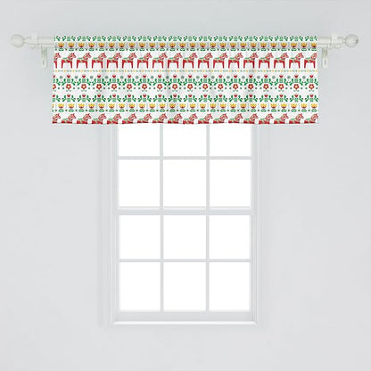 Ambesonne Folk Art Window Valance, Scandinavian Themed Pattern of Swedish Dala Horse and Flowers, Curtain Valance for Kitchen Bedroom Decor with Rod Pocket, 54" X 18", Green Vermilion