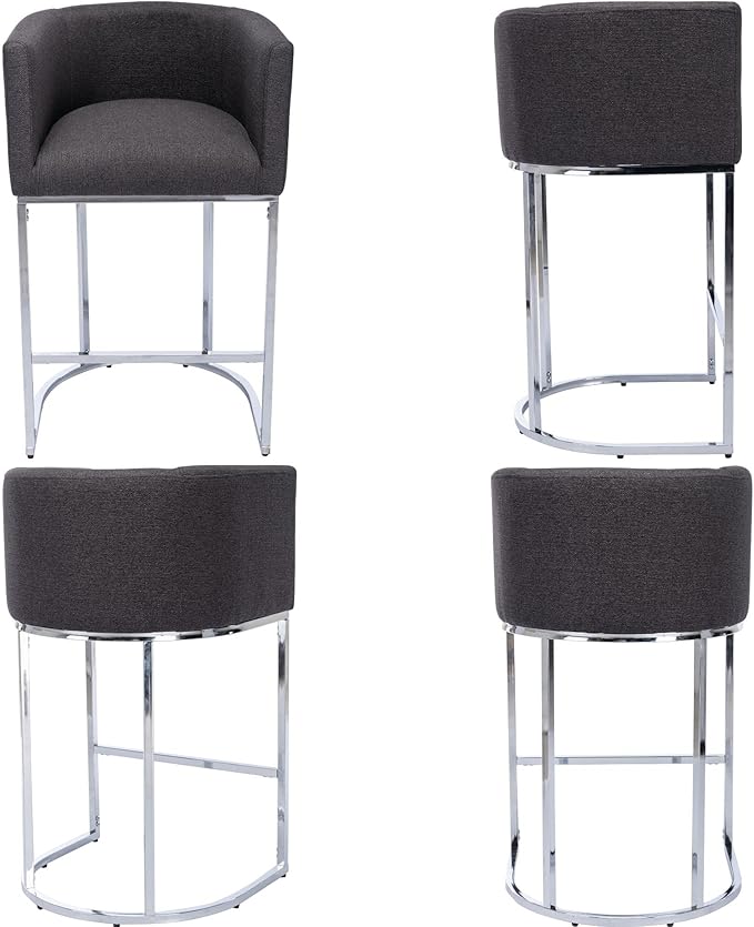 Modern Counter Height Linen Upholstered Bar Stool, 29" Kitchen Counter Island Stool Bar Chairs with Chrome Finish Metal Frame for Kitchen Island, Charcoal