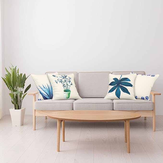 Ambesonne Botanical Throw Pillow Cushion Case Pack of 4, Minimalist Watercolor Painting Leaves Agave Branches Plant in a Pot, Modern Accent Double-Sided Digital Printing, 24", Dark Turquoise Ceil Blue