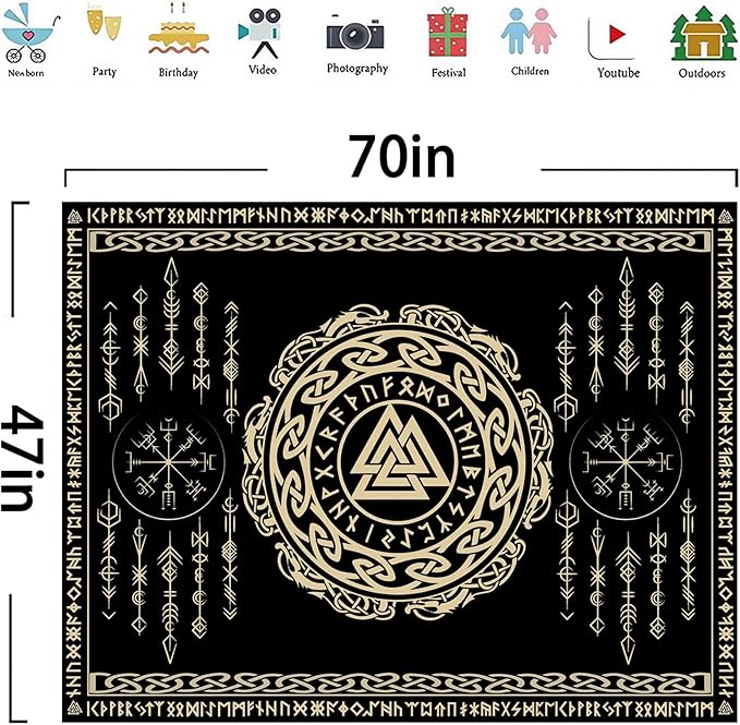 OSUNBD Nordic Viking Tapestry Wall Hanging - Small 70x47 inches Soft Flannel with Valknut, Celtic Runes & Norse Mythology Scandinavian for Bedroom, Living Room Decor