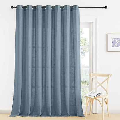 RYB HOME Linen Blended Curtains - Elegant Semi Sheer for Living Room Kitchen Bedroom, Farmhouse Light Filtering Privacy Window Treatments, W 100 x L 108 inches, Stone Blue, 1 Panel