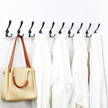 WEBI Coat Rack Wall Mount,38 9/16" Long,10 Hooks,Large Coat Hooks Wall Mounted,Coat Hanger Wall,Wood Hook Rack Rail,Triple Hooks for Hanging Coats,Clothes,Jacket,Black/White