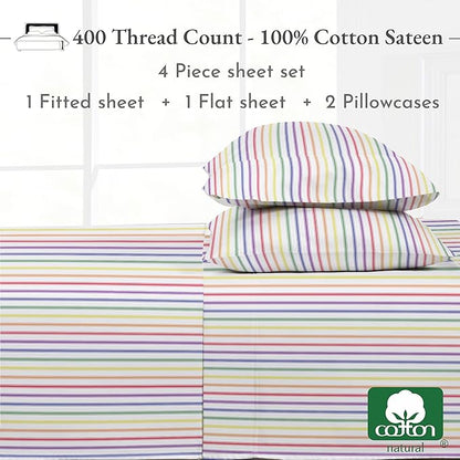 California Design Den Full Size Bed Sheets Set - 400 Thread Count Sateen, Natural 100% Cotton Sheets, Deep Pocket Cooling and Durable Bedding Set - Rainbow Striped