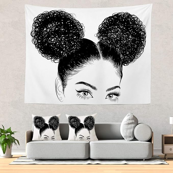 Batmerry Black Woman Afro American Tapestry, Black Woman with Shirt Graphic Tee Visit Hair Afro Girl Picnic Mat Hippie Trippy Tapestry Wall Art Decor for Bedroom Living Room, 59.1 x 82.7 Inches, Black