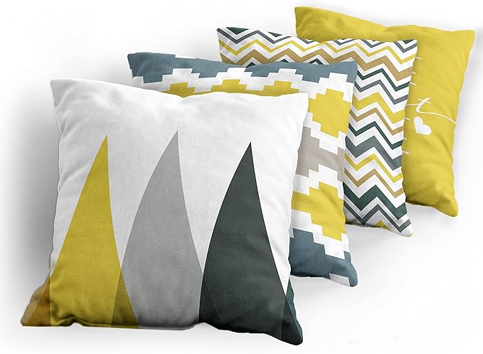 Ambesonne Modern Throw Pillow Cushion Case Pack of 4, Geometric Style Pattern of Triangles Zigzags Love Home Phrase Print, Modern Accent Double-Sided Digital Printing, 18", Yellow Slate Blue and Tan