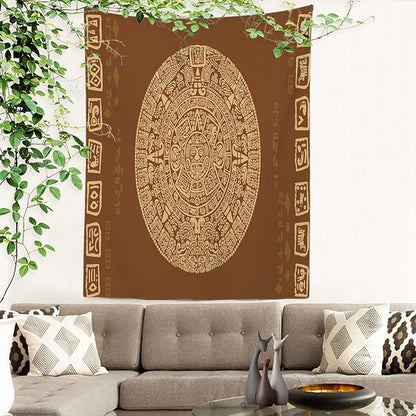 Batmerry Brown Ancient Mayan Tapestry, Calendar Wall Art Hanging Decoration Polyester Fiber White Ruffled Around for Dorm Room Bedroom Living Room, 59.1x51.2 inches