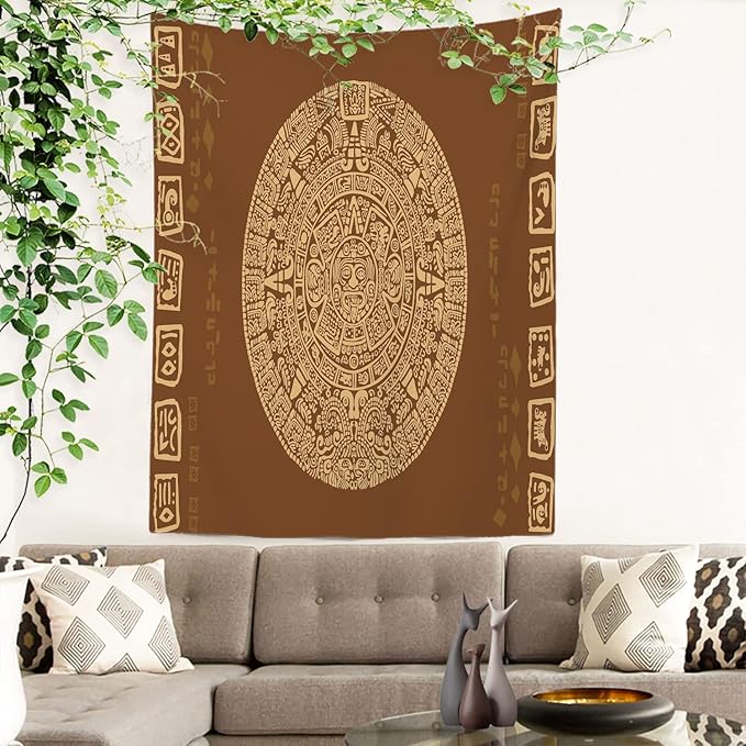 Batmerry Brown Ancient Mayan Tapestry, Calendar Wall Art Hanging Decoration Polyester Fiber White Ruffled Around for Dorm Room Bedroom Living Room, 59.1x39.4 inches