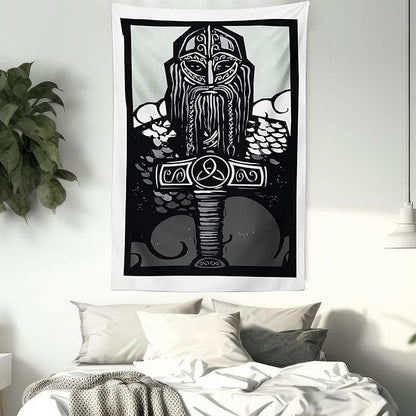 Lunarable Viking Tapestry, Thor Son of Odin Monochrome Design Guardian of Asgard Scandinavian Culture, Fabric Wall Hanging Decor for Bedroom Living Room Dorm, 23" X 28", Black White
