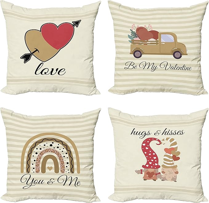 Ambesonne Romantic Throw Pillow Cushion Case Pack of 4, Love Hearts Arrow You and Me Be My Valentine Hugs Kisses Lettering, Modern Accent Double-Sided Digital Printing, 16", Ivory Camel and Dark Pink