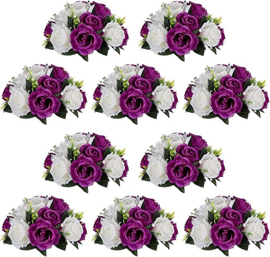 Pcs of 10 Fake Flower Ball Arrangement Bouquet,15 Heads Plastic Roses with Base, Suitable for Our Store's Wedding Centerpiece Flower Rack for Parties Valentine's Day Home Décor (Purple & White)