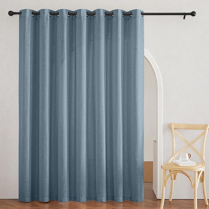 RYB HOME Linen Blended Curtains - Semi Sheer Natural Light Filtering Half Privacy Boho Rustic Style Drapes for Kitchen Sliding Door Large Window, W 60 x L 108 inches, Stone Blue, 1 Panel